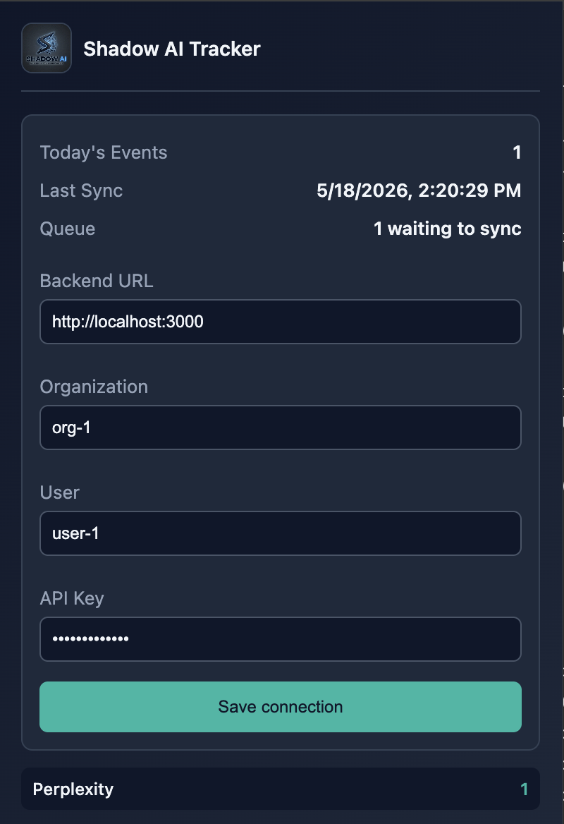 Shadow AI tracker showing today's events, sync state, backend connection, organization, and user settings